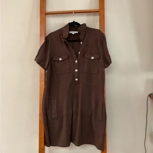 Brown Short Sleeve Button-Up Dress